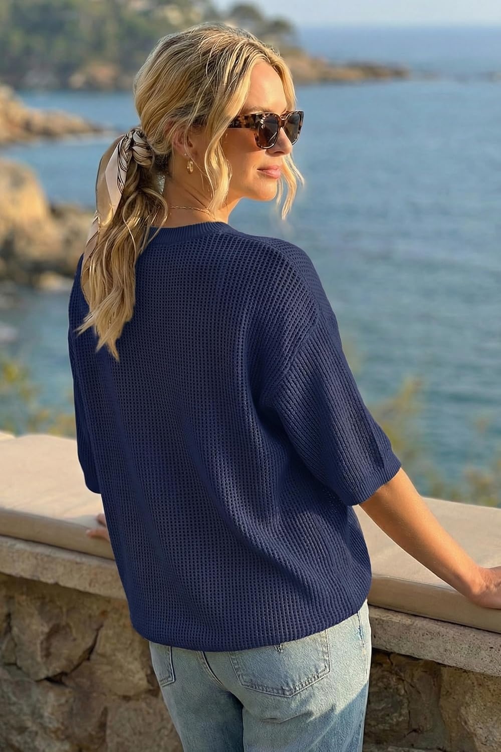 image:imageArachampCloz Womens Oversized 34 Sleeve Crochet Tops Summer Casual Sweater 100 Cotton Tops SoftampLightweight Short Sleeve Hollow Out Casual Vacation outfits Fathion Clothing Summer Fall 2026Navy
