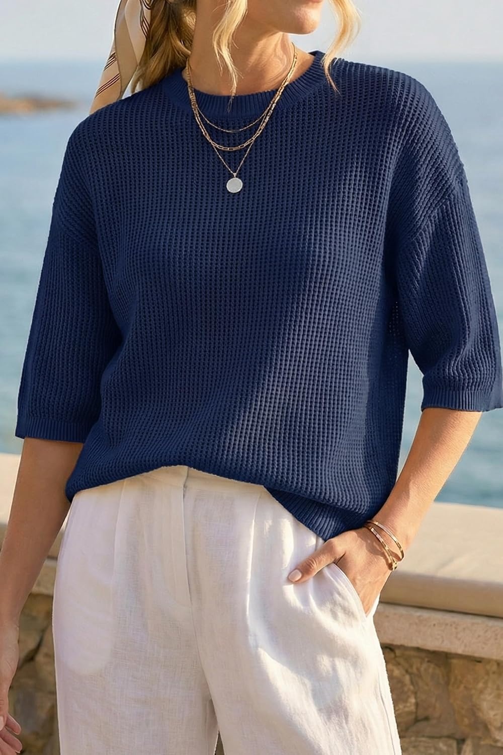 image:imageArachampCloz Womens Oversized 34 Sleeve Crochet Tops Summer Casual Sweater 100 Cotton Tops SoftampLightweight Short Sleeve Hollow Out Casual Vacation outfits Fathion Clothing Summer Fall 2026Navy