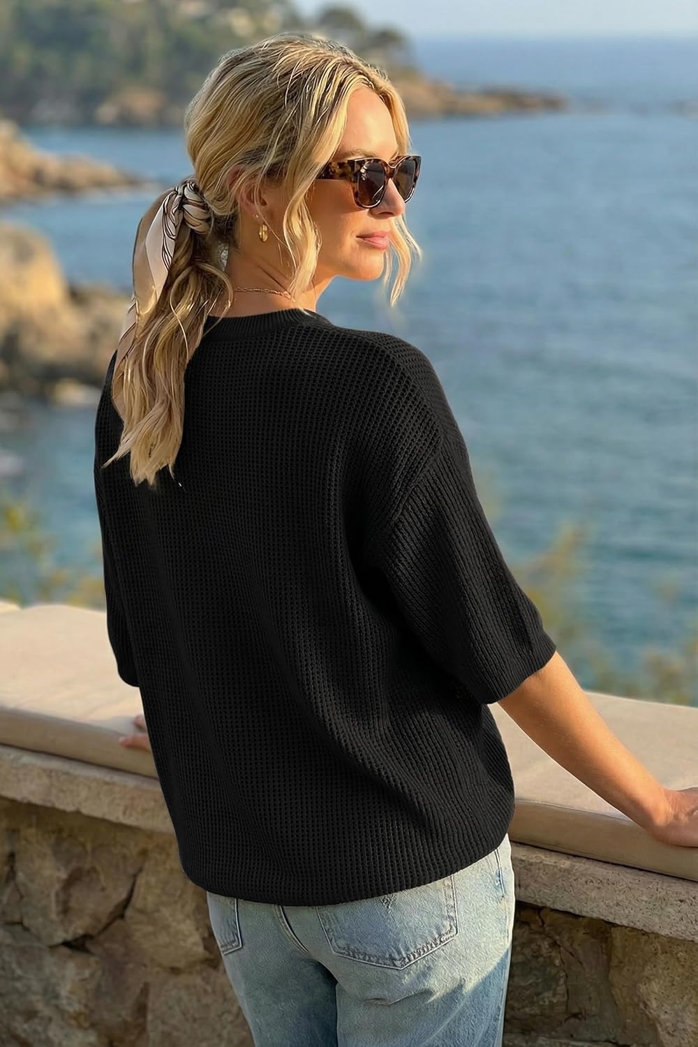 image:imageArachampCloz Womens Oversized 34 Sleeve Crochet Tops Summer Casual Sweater 100 Cotton Tops SoftampLightweight Short Sleeve Hollow Out Casual Vacation outfits Fathion Clothing Summer Fall 2026Black