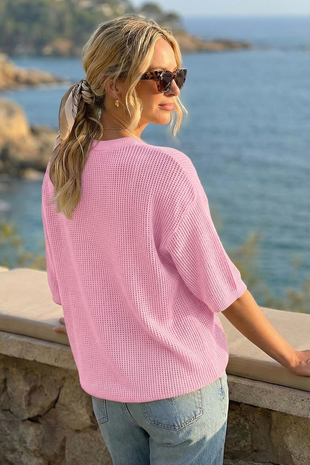 image:imageArachampCloz Womens Oversized 34 Sleeve Crochet Tops Summer Casual Sweater 100 Cotton Tops SoftampLightweight Short Sleeve Hollow Out Casual Vacation outfits Fathion Clothing Summer Fall 2026Light Pink