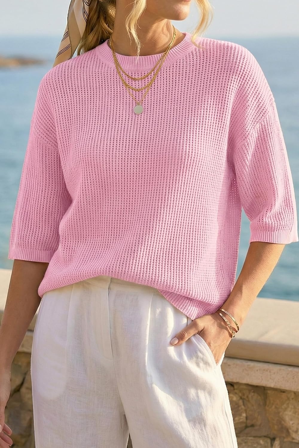 image:imageArachampCloz Womens Oversized 34 Sleeve Crochet Tops Summer Casual Sweater 100 Cotton Tops SoftampLightweight Short Sleeve Hollow Out Casual Vacation outfits Fathion Clothing Summer Fall 2026Light Pink