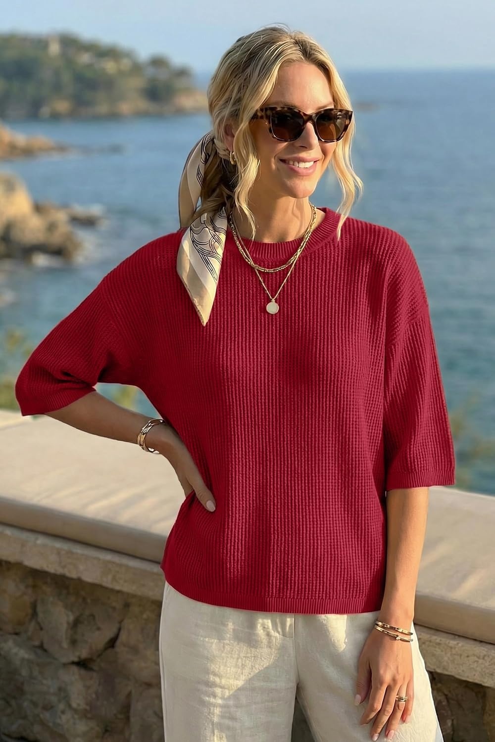 image:imageArachampCloz Womens Oversized 34 Sleeve Crochet Tops Summer Casual Sweater 100 Cotton Tops SoftampLightweight Short Sleeve Hollow Out Casual Vacation outfits Fathion Clothing Summer Fall 2026Red