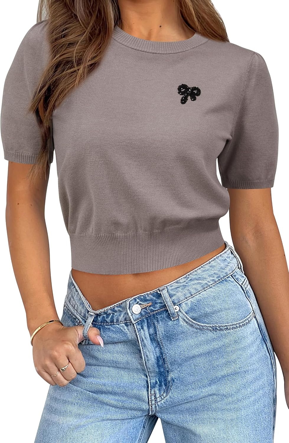 image:imageArachampCloz Womens Puff Short Sleeve Shirts 2025 Summer Crew Neck Sequin Cute Crop Tops Trendy Casual PulloverCoffee