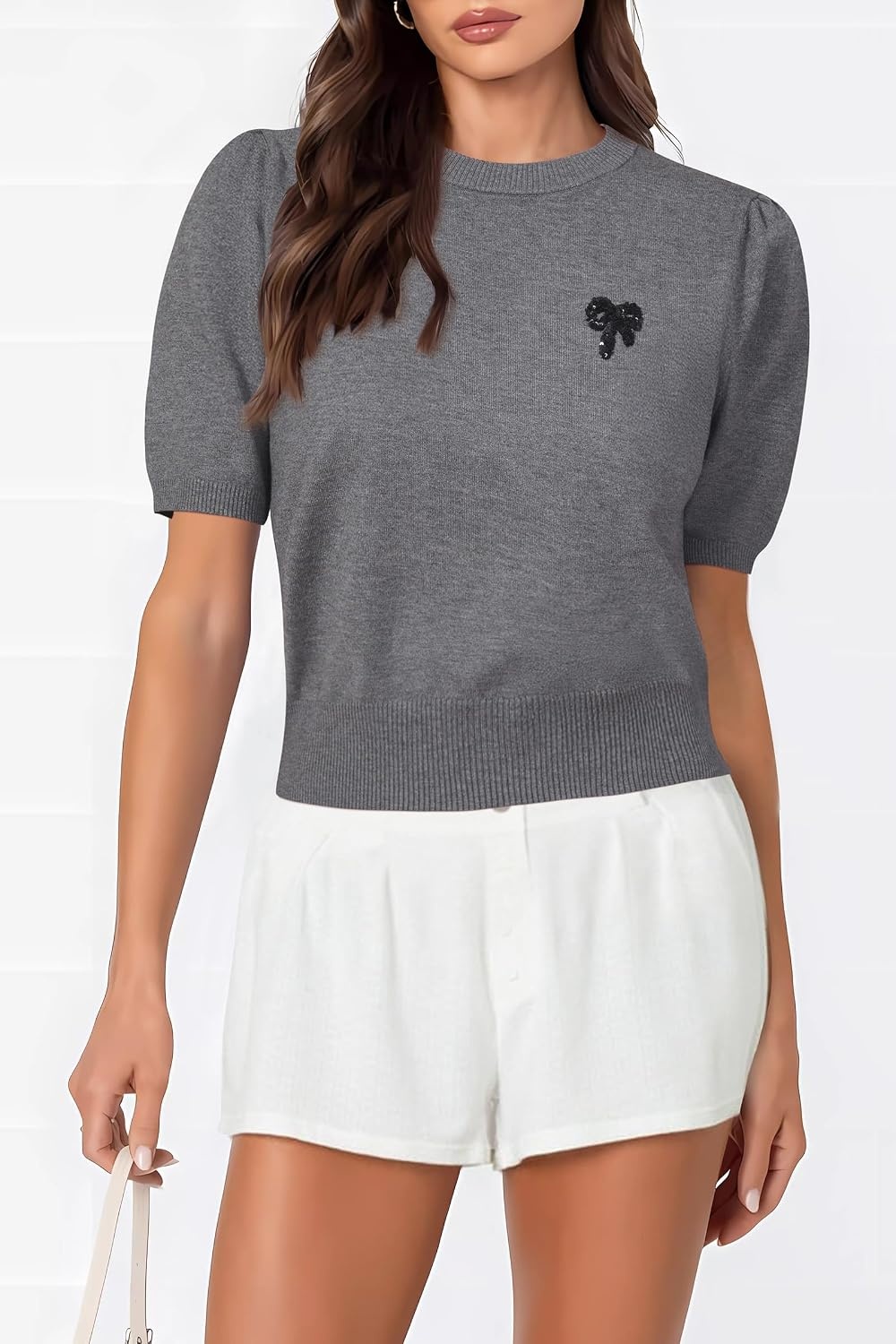 image:imageArachampCloz Womens Puff Short Sleeve Shirts 2025 Summer Crew Neck Sequin Cute Crop Tops Trendy Casual PulloverDark Grey
