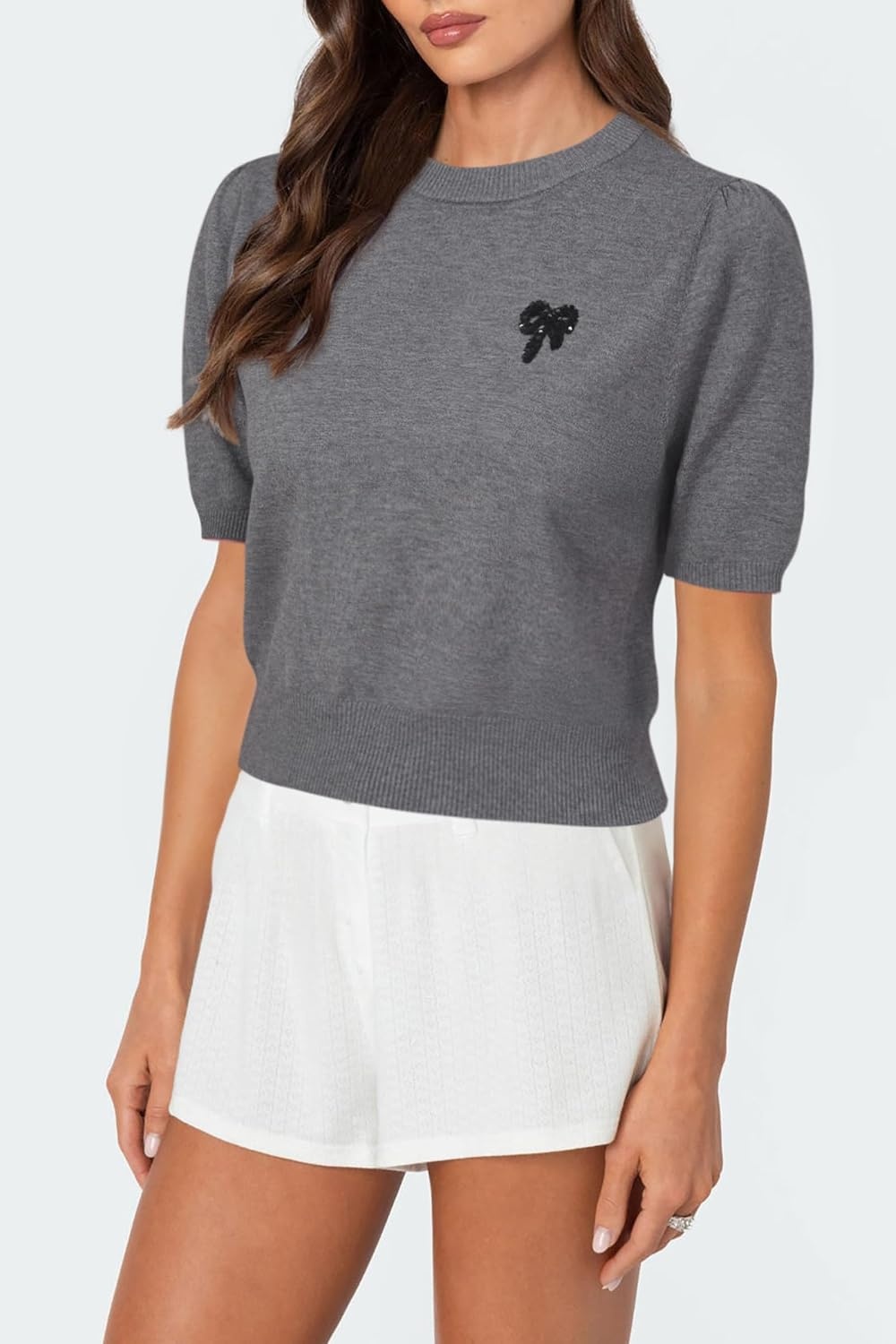 image:imageArachampCloz Womens Puff Short Sleeve Shirts 2025 Summer Crew Neck Sequin Cute Crop Tops Trendy Casual PulloverDark Grey
