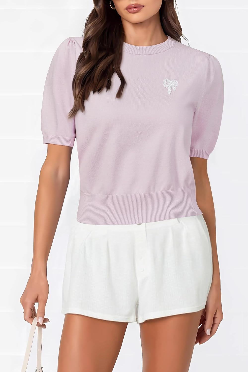 image:imageArachampCloz Womens Puff Short Sleeve Shirts 2025 Summer Crew Neck Sequin Cute Crop Tops Trendy Casual PulloverLight Pink