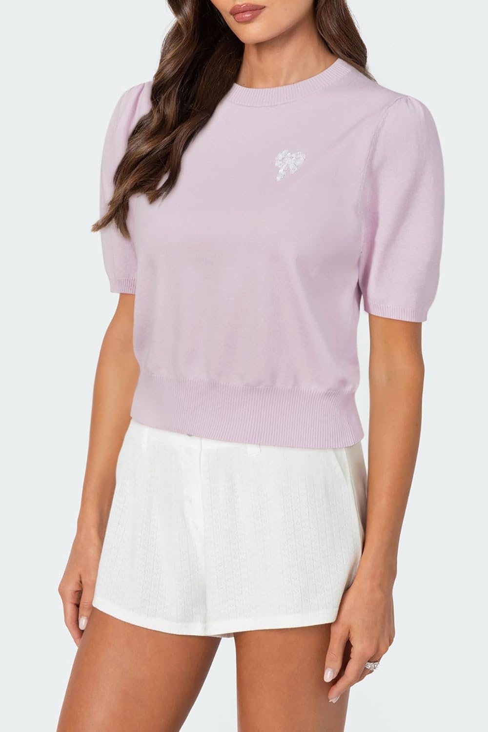 image:imageArachampCloz Womens Puff Short Sleeve Shirts 2025 Summer Crew Neck Sequin Cute Crop Tops Trendy Casual PulloverLight Pink