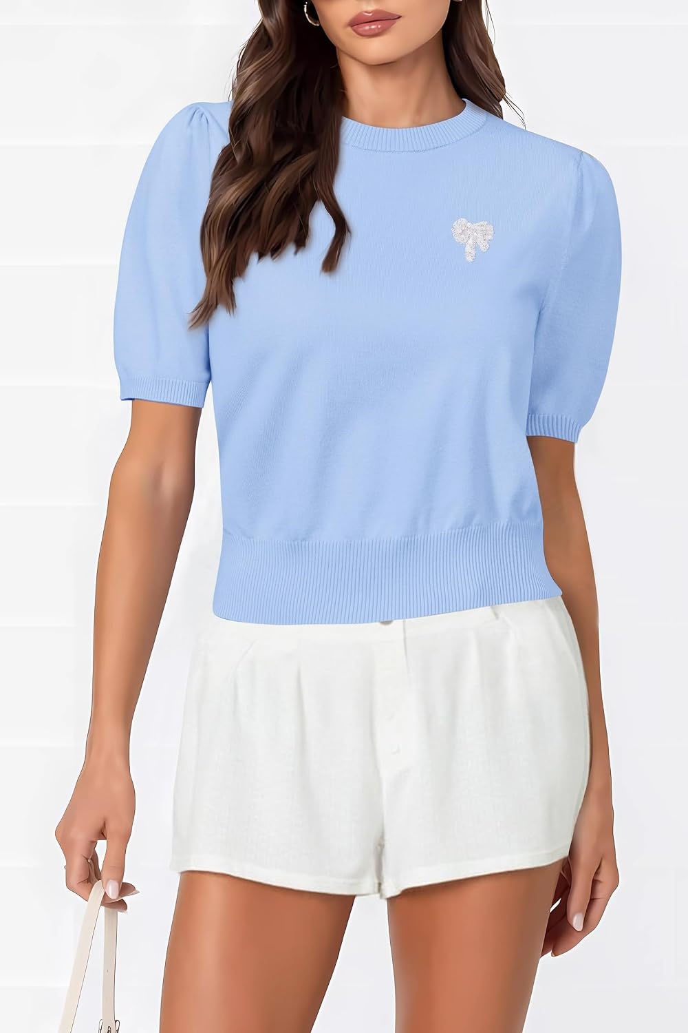 image:imageArachampCloz Womens Puff Short Sleeve Shirts 2025 Summer Crew Neck Sequin Cute Crop Tops Trendy Casual PulloverSky Blue