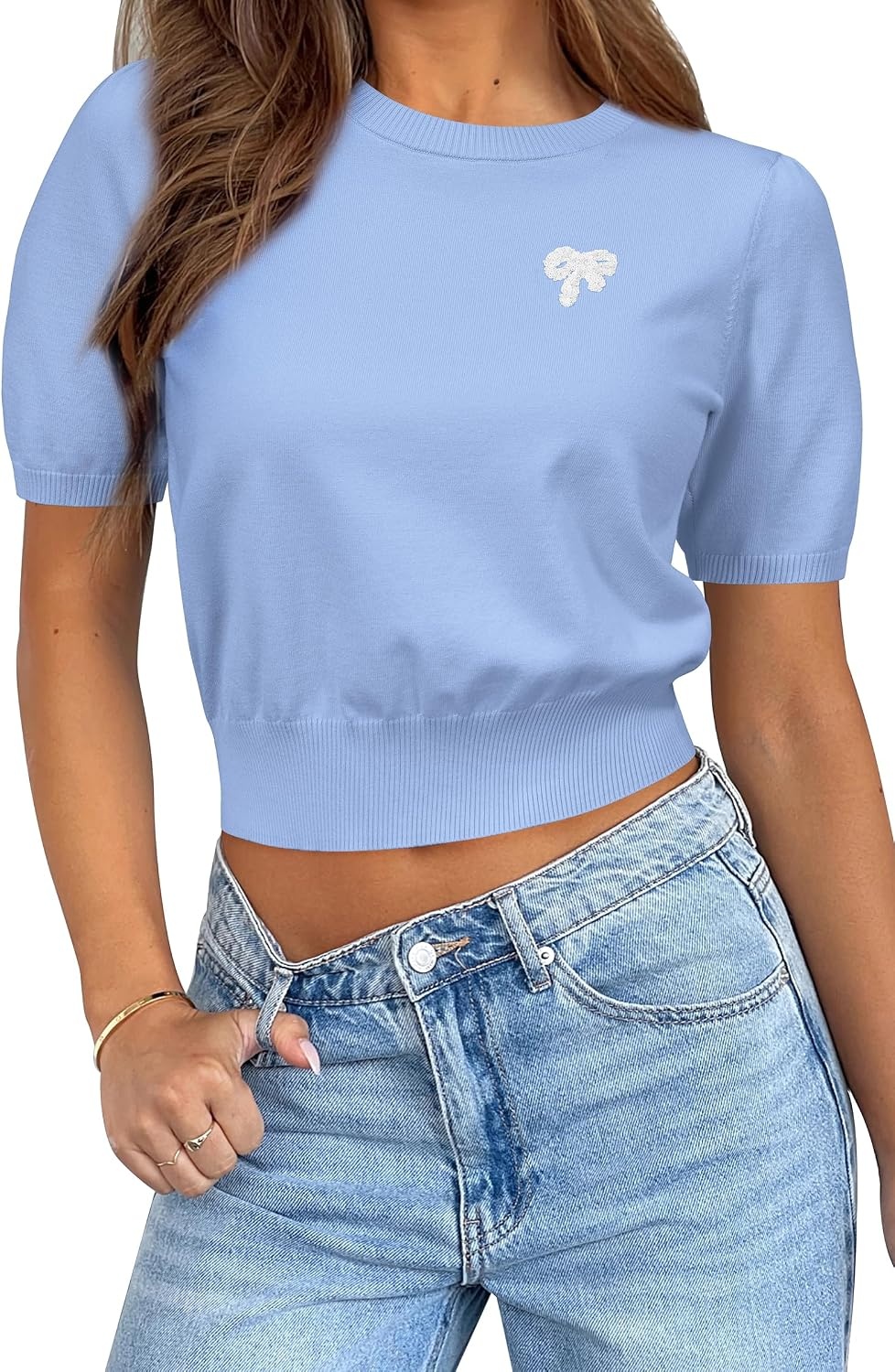 image:imageArachampCloz Womens Puff Short Sleeve Shirts 2025 Summer Crew Neck Sequin Cute Crop Tops Trendy Casual PulloverSky Blue