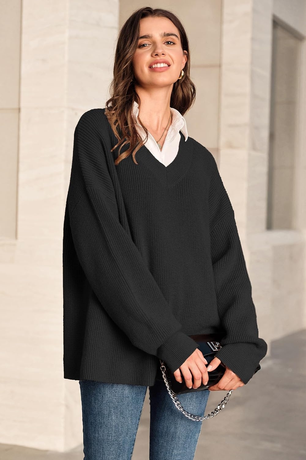 image:imageArachampCloz Womens Wool Blend Oversized V Neck Casual Sweaters 2025Black