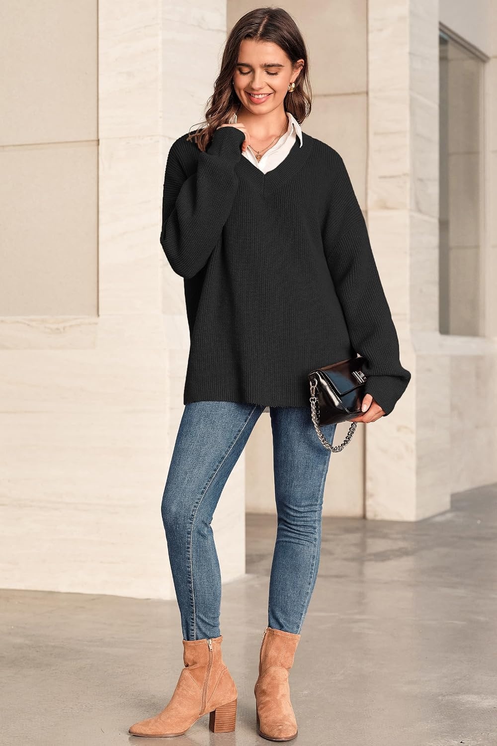 image:imageArachampCloz Womens Wool Blend Oversized V Neck Casual Sweaters 2025Black