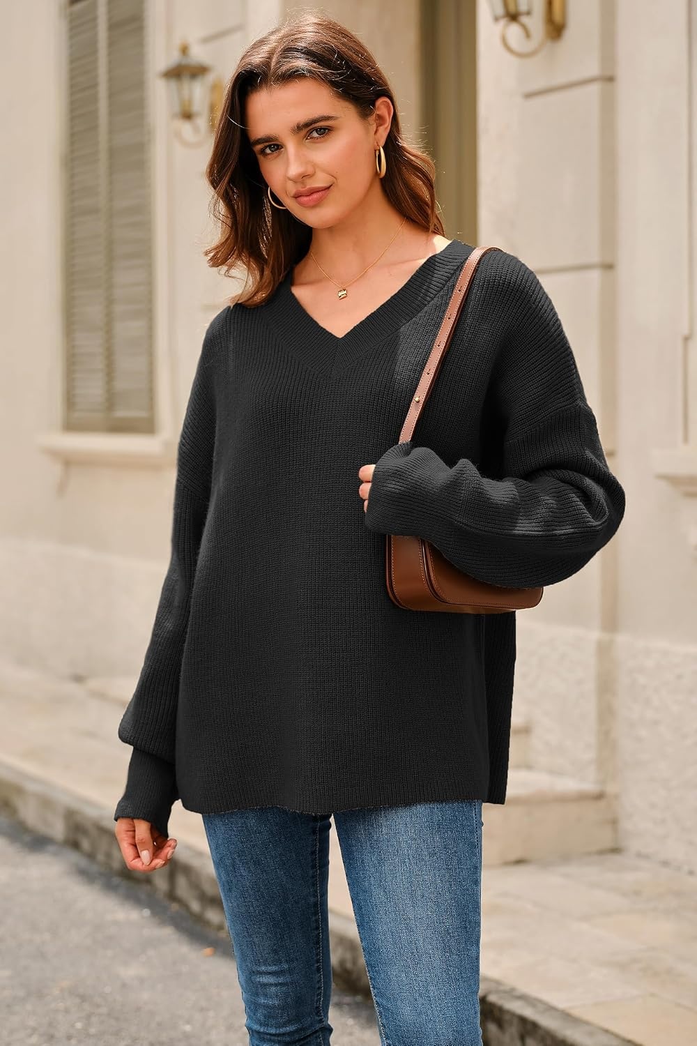 image:imageArachampCloz Womens Wool Blend Oversized V Neck Casual Sweaters 2025Black