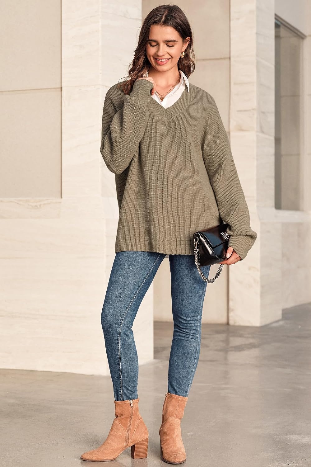 image:imageArachampCloz Womens Wool Blend Oversized V Neck Casual Sweaters 2025Camel