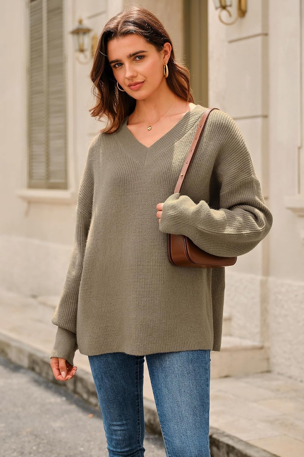 image:imageArachampCloz Womens Wool Blend Oversized V Neck Casual Sweaters 2025Camel