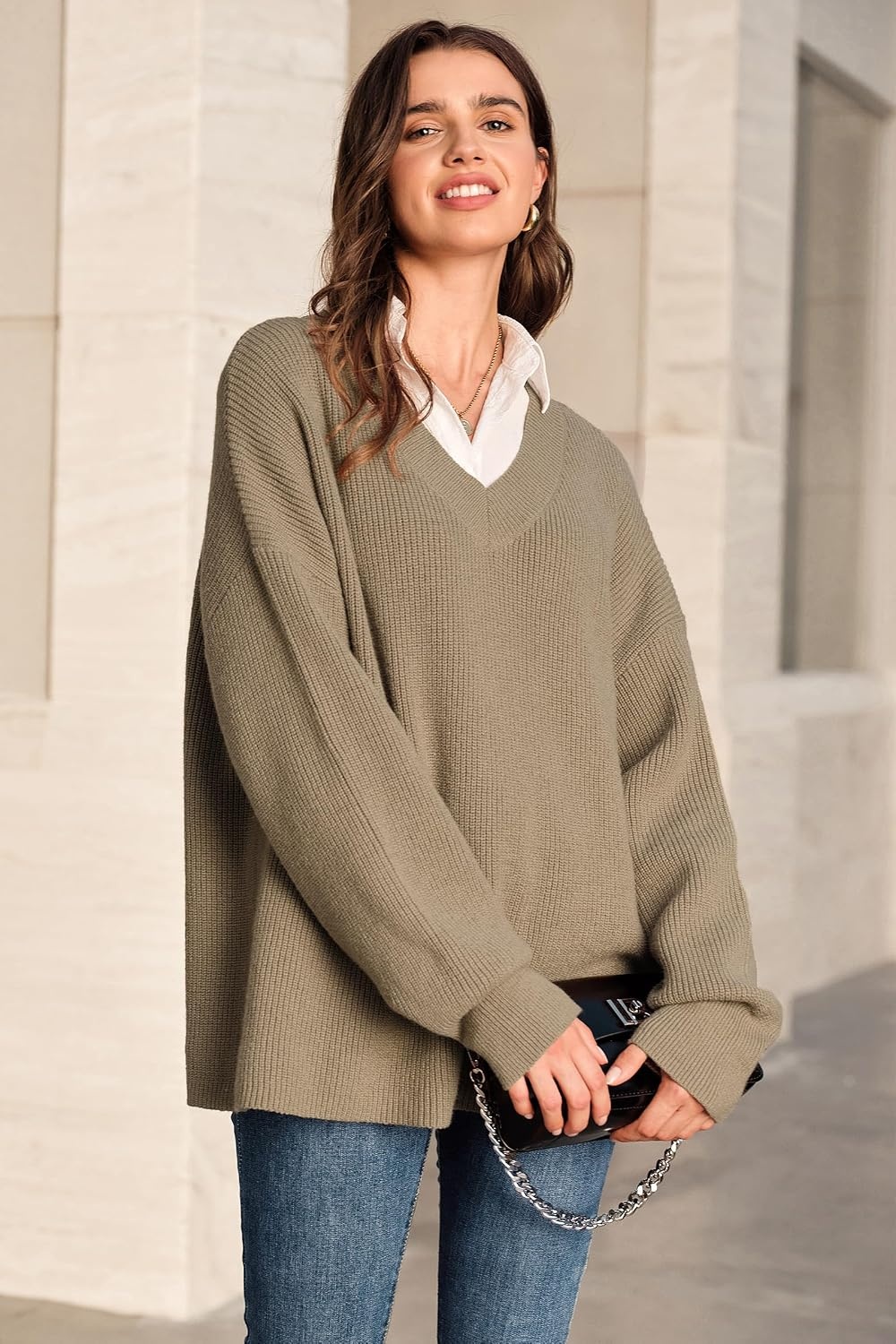 image:imageArachampCloz Womens Wool Blend Oversized V Neck Casual Sweaters 2025Camel