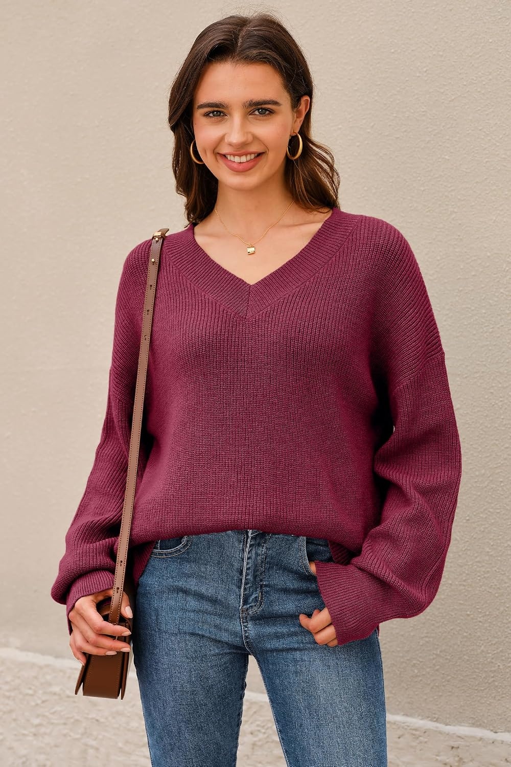 image:imageArachampCloz Womens Wool Blend Oversized V Neck Casual Sweaters 2025Dark Red