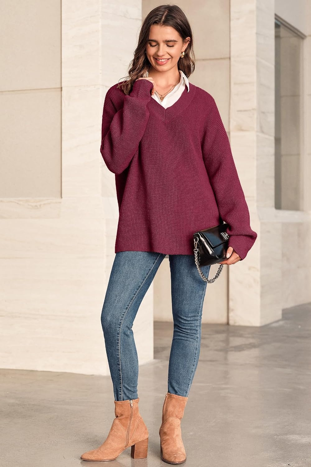 image:imageArachampCloz Womens Wool Blend Oversized V Neck Casual Sweaters 2025Dark Red