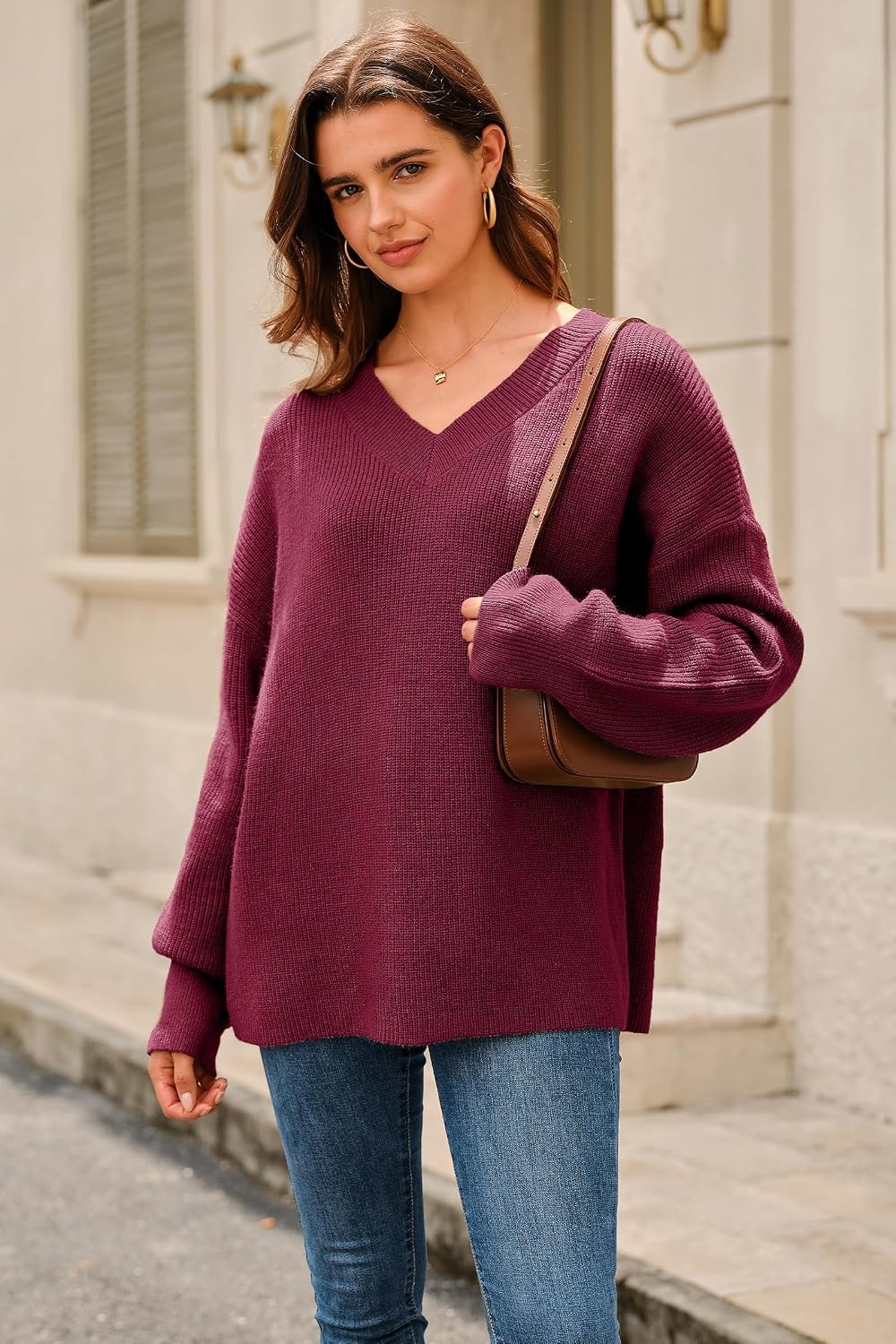 image:imageArachampCloz Womens Wool Blend Oversized V Neck Casual Sweaters 2025Dark Red