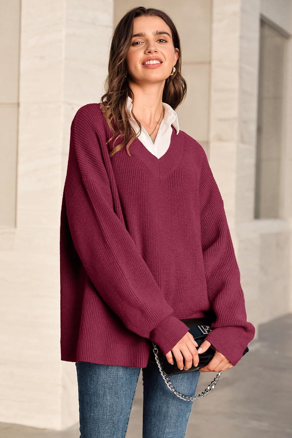 image:imageArachampCloz Womens Wool Blend Oversized V Neck Casual Sweaters 2025Dark Red