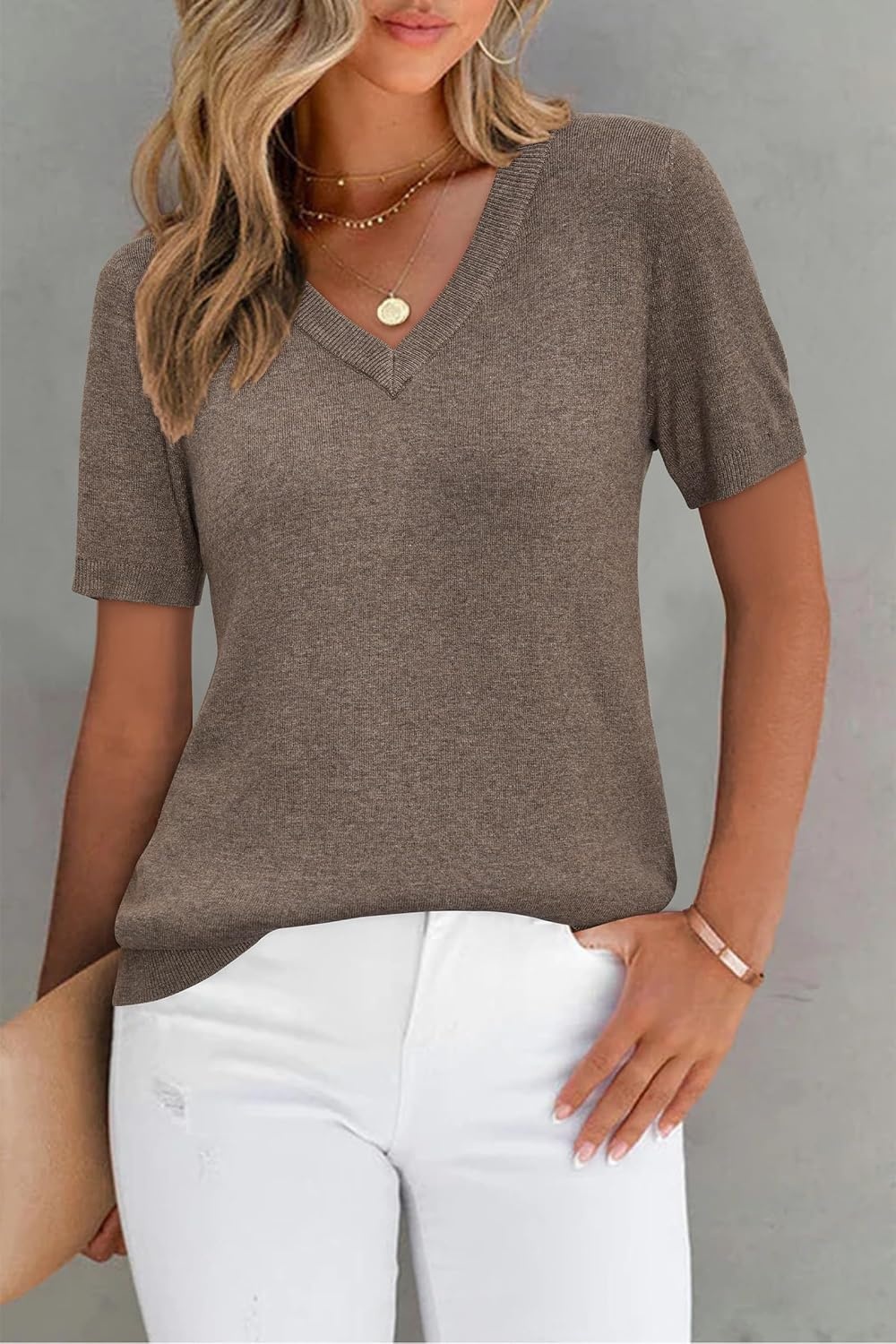 image:imageArachampCloz Womens Wool Blend Short Sleeve Summer Business Casual Sweater LightweightampSoft Fabric Breathable Top VNeck Regular Fit Office Wear Teacher Outfits Fall Capsule Wardrobe 2026Coffee