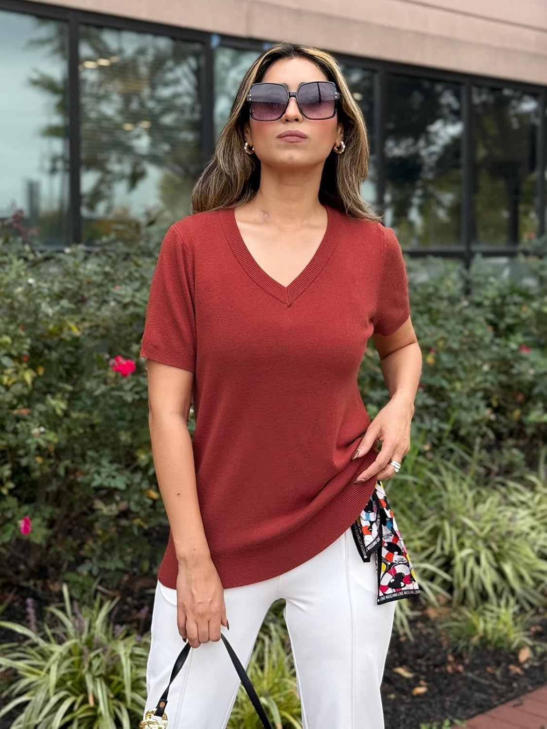 image:imageArachampCloz Womens Wool Blend Short Sleeve Summer Business Casual Sweater LightweightampSoft Fabric Breathable Top VNeck Regular Fit Office Wear Teacher Outfits Fall Capsule Wardrobe 2026Brick Red