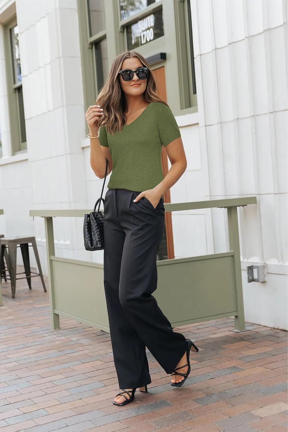 image:imageArachampCloz Womens Wool Blend Short Sleeve Summer Business Casual Sweater LightweightampSoft Fabric Breathable Top VNeck Regular Fit Office Wear Teacher Outfits Fall Capsule Wardrobe 2026Army Green