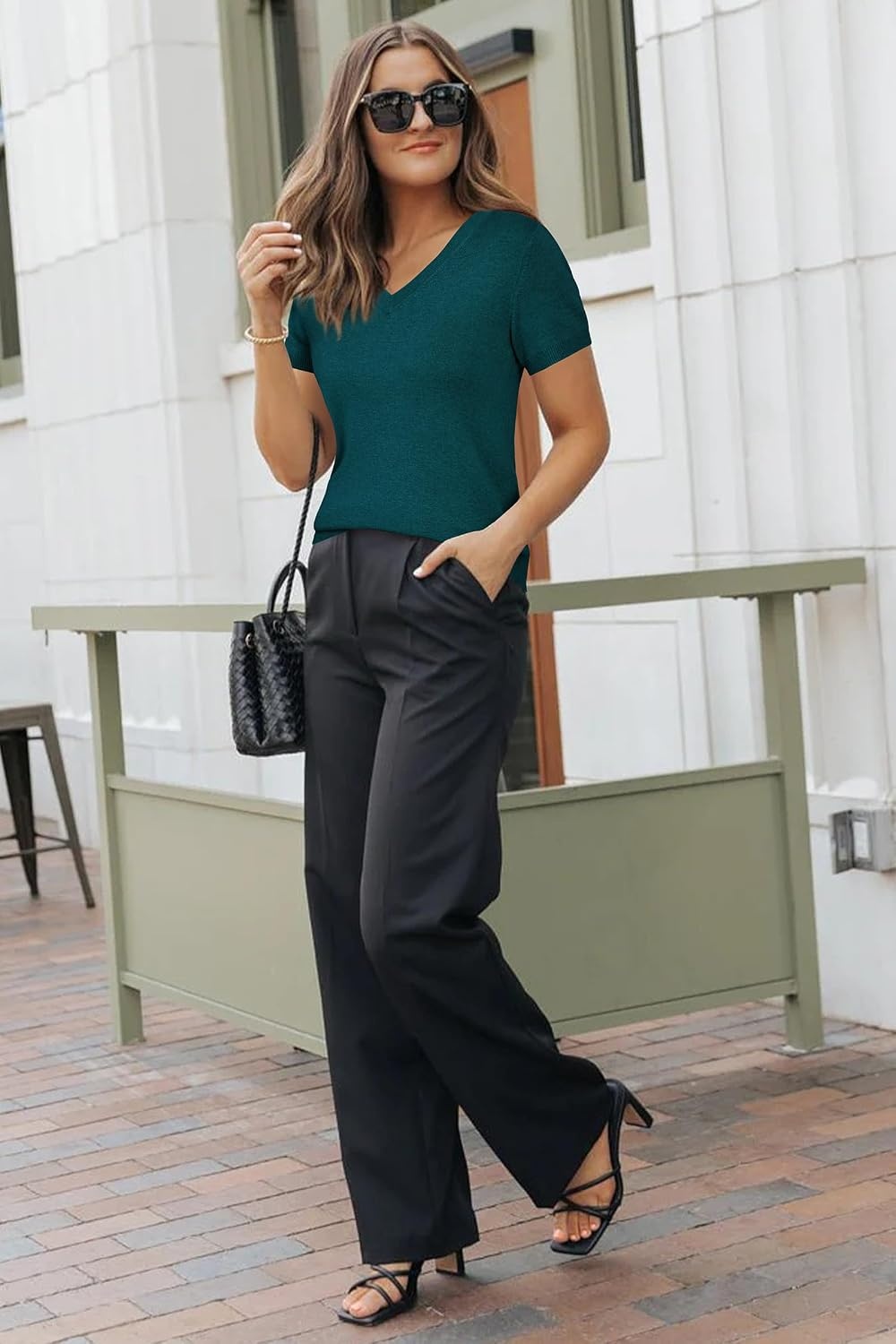 image:imageArachampCloz Womens Wool Blend Short Sleeve Summer Business Casual Sweater LightweightampSoft Fabric Breathable Top VNeck Regular Fit Office Wear Teacher Outfits Fall Capsule Wardrobe 2026Green