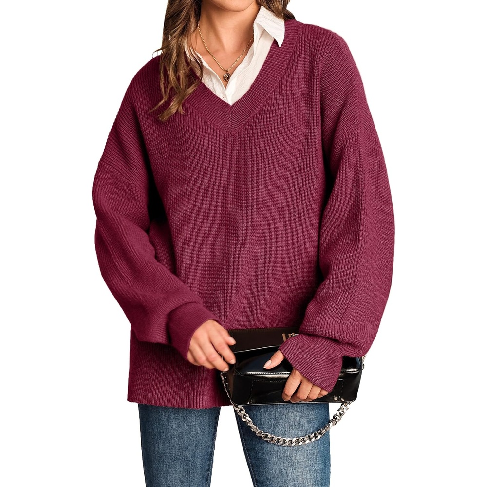 image:imageArachampCloz Womens Wool Blend Oversized V Neck Casual Sweaters 2025Dark Red