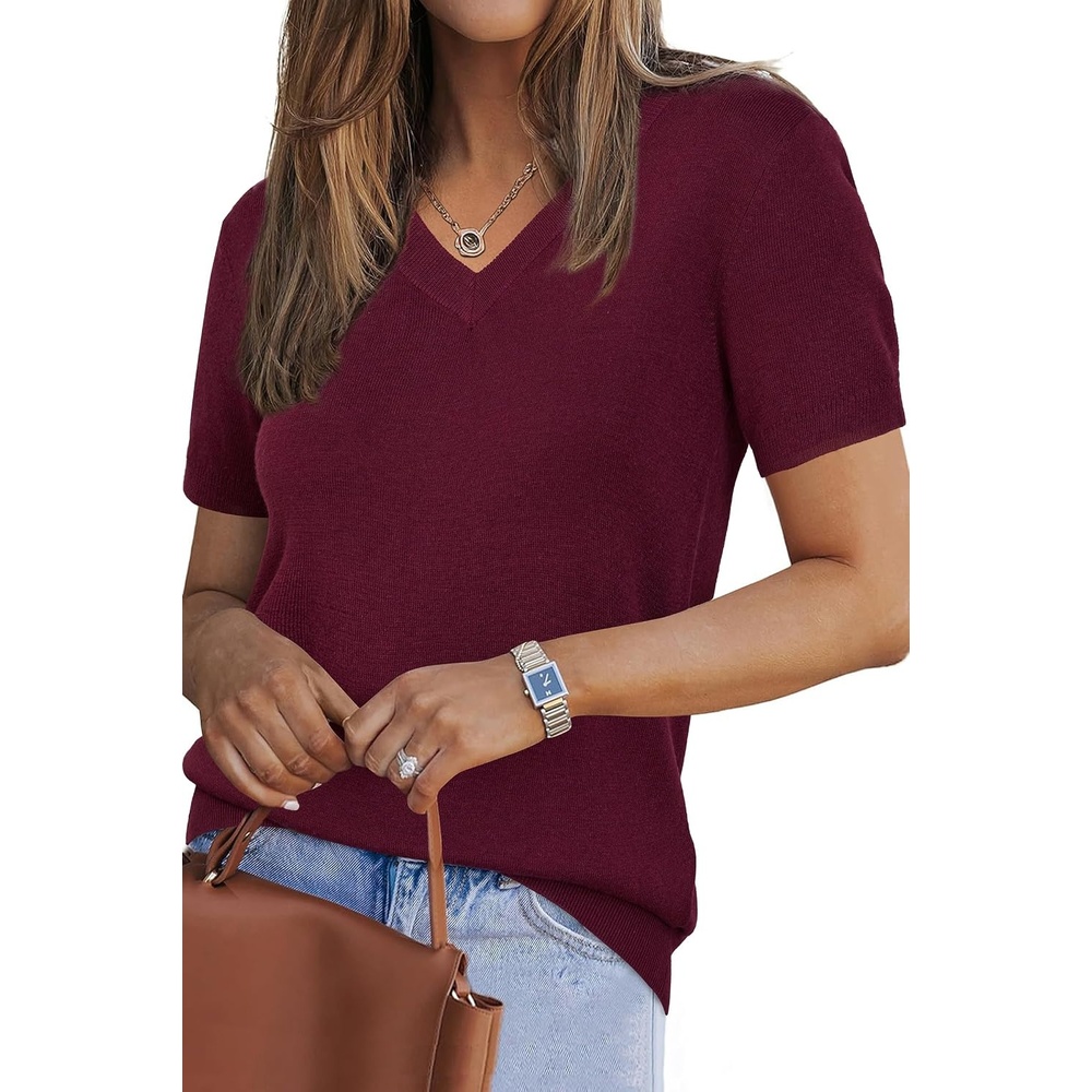 image:imageArachampCloz Womens Wool Blend Short Sleeve Summer Business Casual Sweater LightweightampSoft Fabric Breathable Top VNeck Regular Fit Office Wear Teacher Outfits Fall Capsule Wardrobe 2026Wine