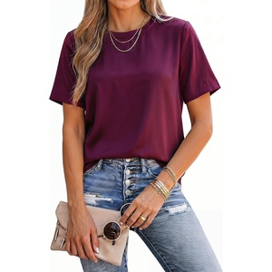 Arach&Cloz Women’s Acetate Blend Satin Casual Blouse Crew Neck Loose Fit Ladies Tops(Wine Red)