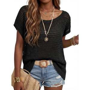 Arach&Cloz Women’s Cotton Oversized Short Sleeve Sweater Crochet Tops Off Shoulder Resort Wear Beach Cover Up Summer 2026(Black)