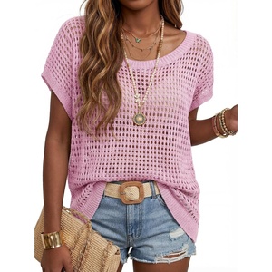 Arach&Cloz Women’s Cotton Oversized Short Sleeve Sweater Crochet Tops Off Shoulder Resort Wear Beach Cover Up Summer 2026(Pink)
