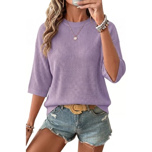 Arach&Cloz Women’s Oversized 3/4 Sleeve Crochet Tops Summer Casual Sweater | 100% Cotton Tops, Soft&Lightweight, Short Sleeve, Hollow Out, Casual, Vacation outfits, Fathion Clothing, Summer Fall 2026(Purple)