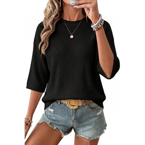 Arach&Cloz Women’s Oversized 3/4 Sleeve Crochet Tops Summer Casual Sweater | 100% Cotton Tops, Soft&Lightweight, Short Sleeve, Hollow Out, Casual, Vacation outfits, Fathion Clothing, Summer Fall 2026(Black)