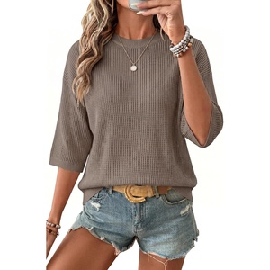 Arach&Cloz Women’s Oversized 3/4 Sleeve Crochet Tops Summer Casual Sweater | 100% Cotton Tops, Soft&Lightweight, Short Sleeve, Hollow Out, Casual, Vacation outfits, Fathion Clothing, Summer Fall 2026(Coffee)