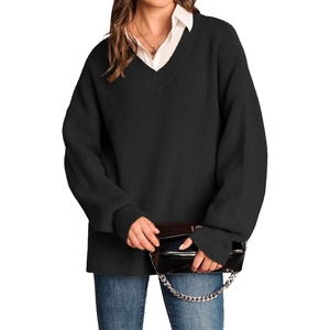 Arach&Cloz Women’s Wool Blend Oversized V Neck Casual Sweaters 2025(Black)