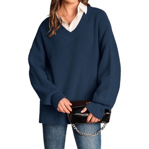 Arach&Cloz Women’s Wool Blend Oversized V Neck Casual Sweaters 2025(Dark Blue)