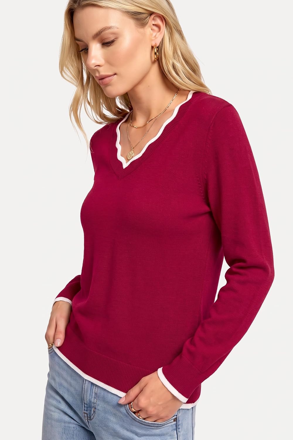 image:imageArachampCloz Womens 2026 Fall V Neck Sweaters Pullover Long Sleeve Knit Tops 100 Cotton LightweightampCute Cozy StyleampCasual Regular Fit TrendyampFashion Teacher Tops Fall OutfitsBurgundy