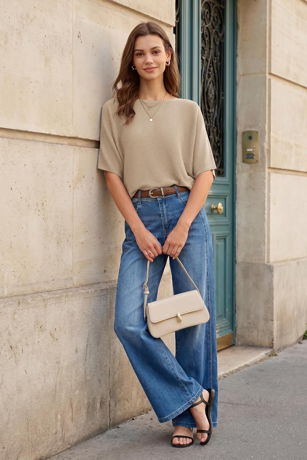image:imageArachampCloz Womens Oversized Batwing Sleeve Business Casual Sweater Tops 100 Cotton Tops Wrinkle Resistant amp Breathable Boat Neck 34 Length Sleeve LaidBack Office Wear Fashion Clothing 2026Apricot