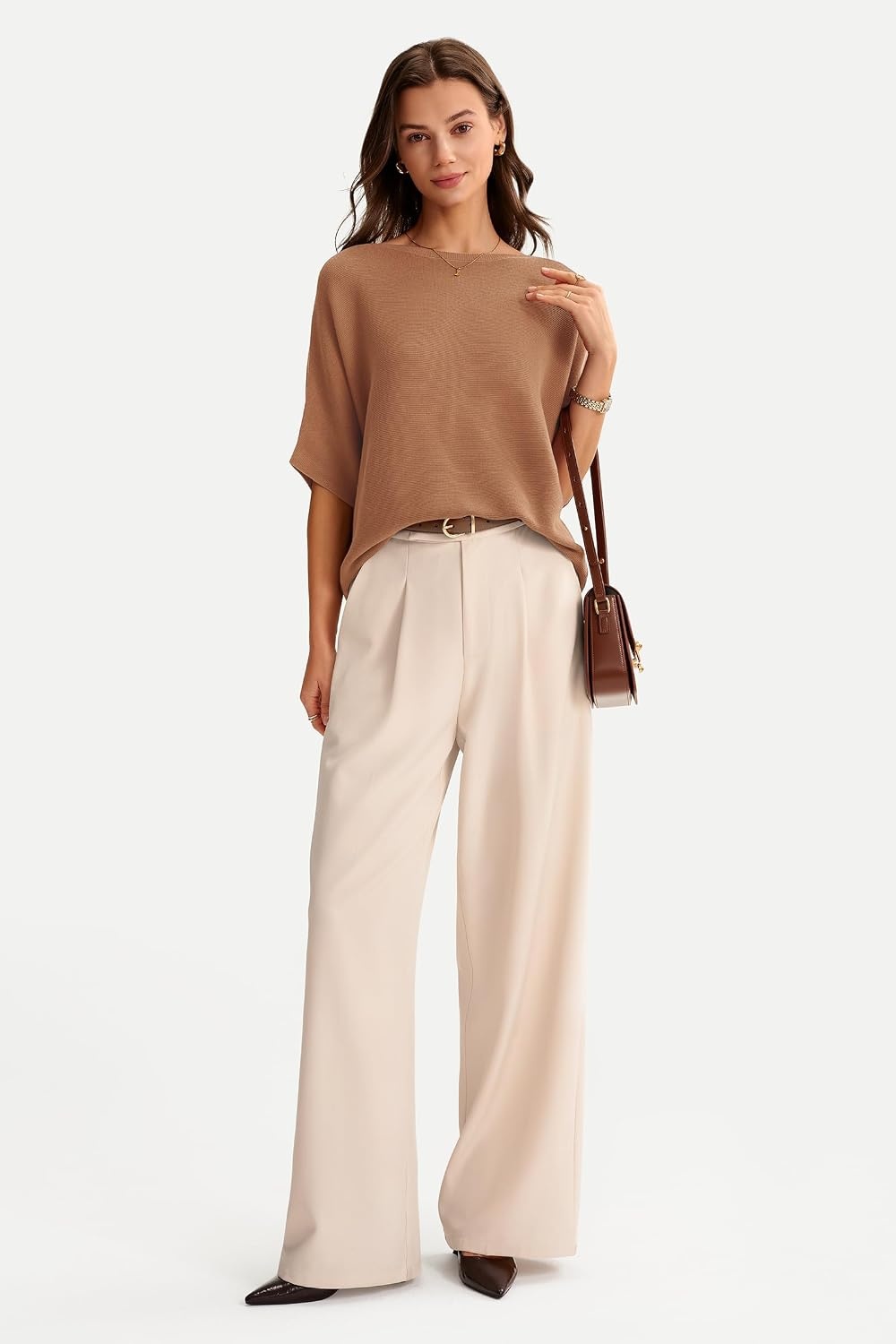 image:imageArachampCloz Womens Oversized Batwing Sleeve Business Casual Sweater Tops 100 Cotton Tops Wrinkle Resistant amp Breathable Boat Neck 34 Length Sleeve LaidBack Office Wear Fashion Clothing 2026Caramel