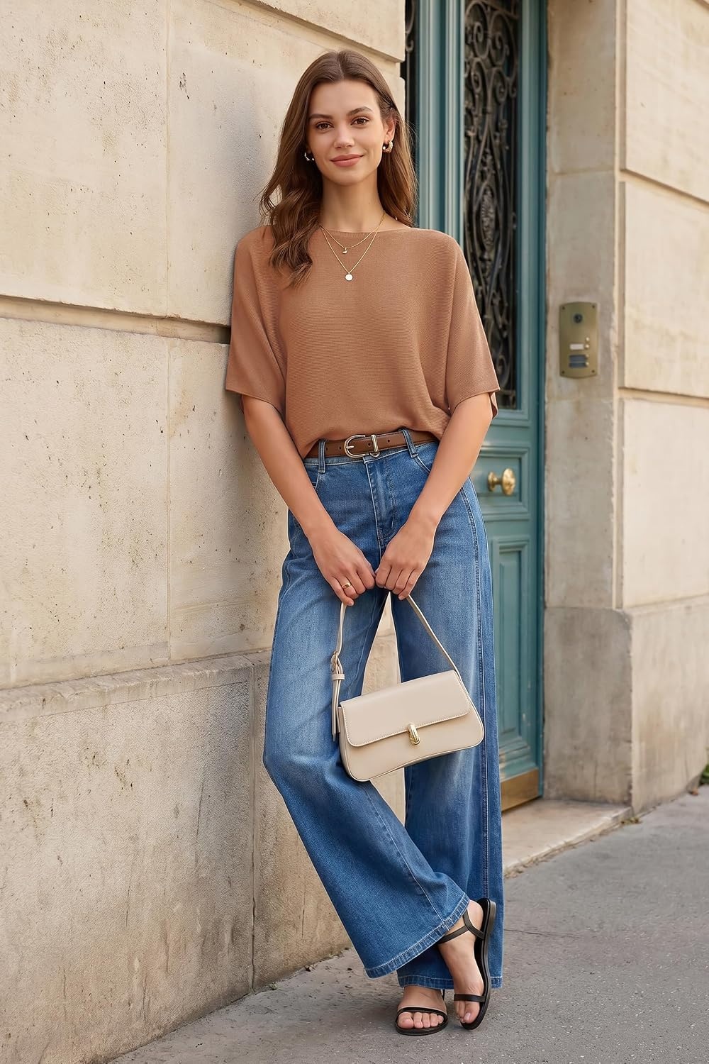 image:imageArachampCloz Womens Oversized Batwing Sleeve Business Casual Sweater Tops 100 Cotton Tops Wrinkle Resistant amp Breathable Boat Neck 34 Length Sleeve LaidBack Office Wear Fashion Clothing 2026Caramel