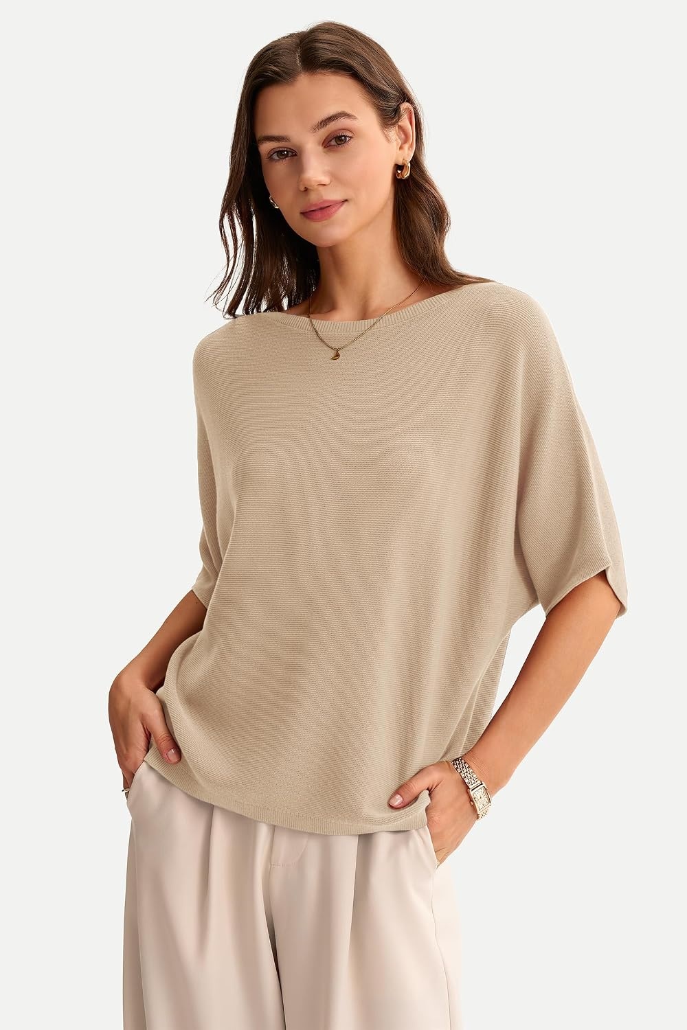 image:imageArachampCloz Womens Oversized Batwing Sleeve Business Casual Sweater Tops 100 Cotton Tops Wrinkle Resistant amp Breathable Boat Neck 34 Length Sleeve LaidBack Office Wear Fashion Clothing 2026Apricot