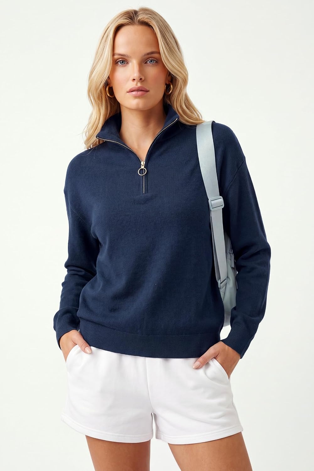 image:imageArachampCloz Womens Quarter Zip Polo Collar Fall Work Casual Pullover Tops Soft amp Breathable 100 Cotton Dropped Shoulders Relaxed Fit Figure Friendly Everyday Wear Gym Outfits Travel ClothesNavy