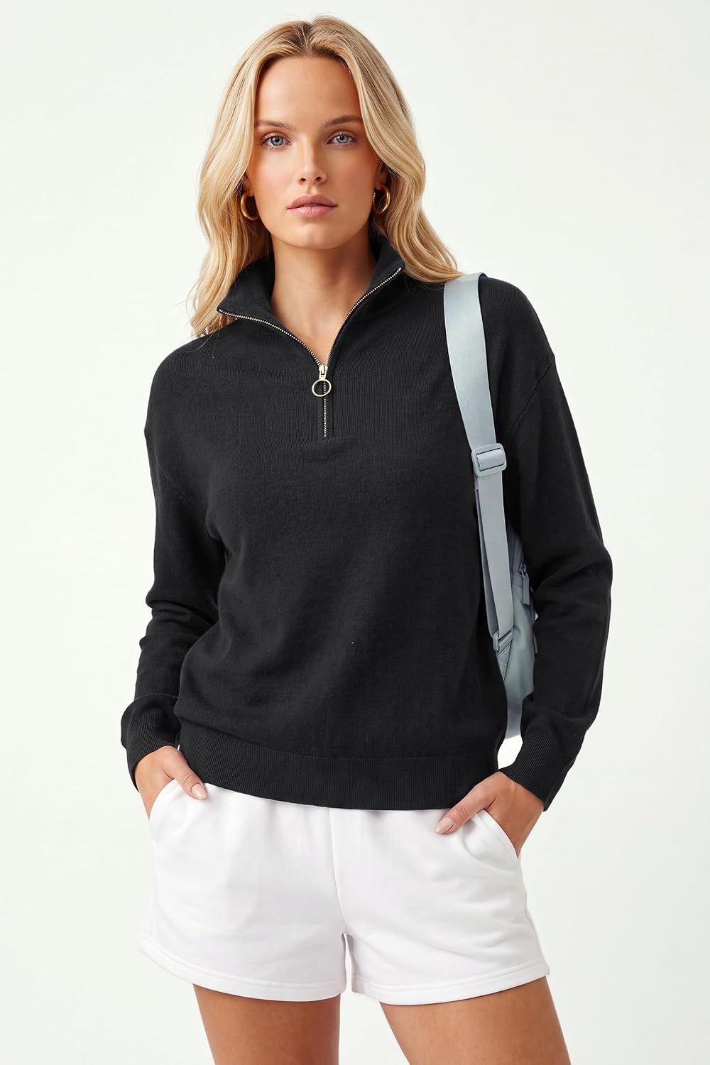 image:imageArachampCloz Womens Quarter Zip Polo Collar Fall Work Casual Pullover Tops Soft amp Breathable 100 Cotton Dropped Shoulders Relaxed Fit Figure Friendly Everyday Wear Gym Outfits Travel ClothesBlack