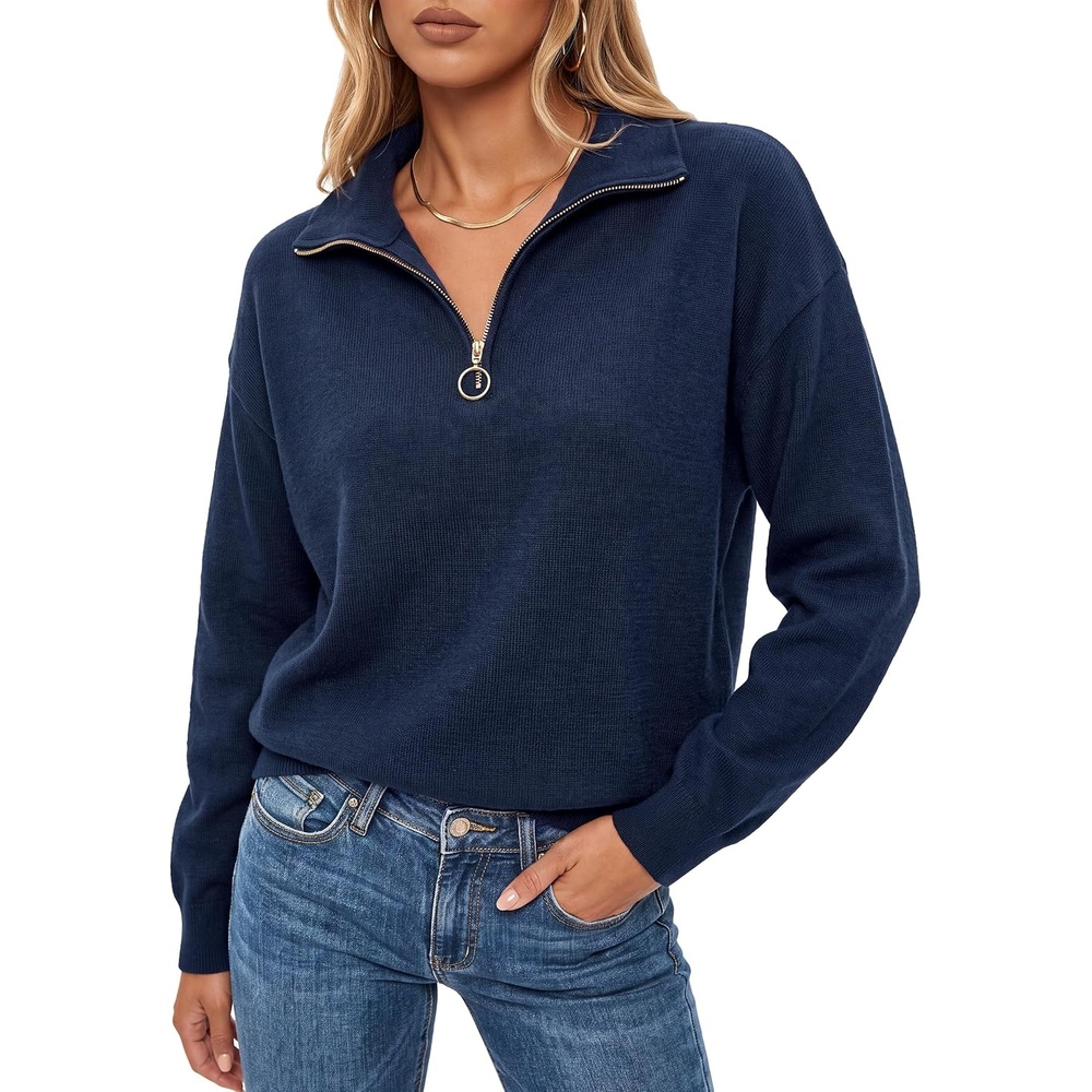 image:imageArachampCloz Womens Quarter Zip Polo Collar Fall Work Casual Pullover Tops Soft amp Breathable 100 Cotton Dropped Shoulders Relaxed Fit Figure Friendly Everyday Wear Gym Outfits Travel ClothesNavy