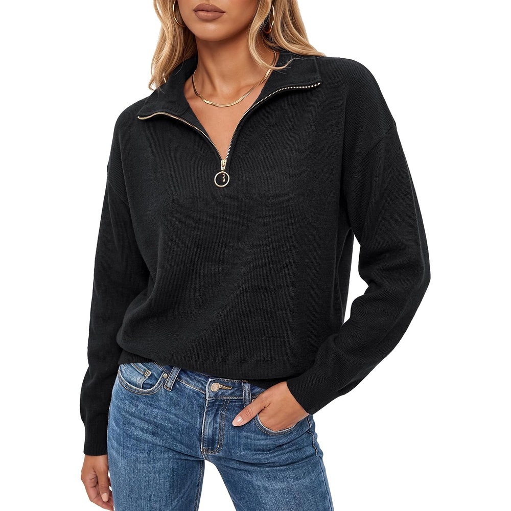 image:imageArachampCloz Womens Quarter Zip Polo Collar Fall Work Casual Pullover Tops Soft amp Breathable 100 Cotton Dropped Shoulders Relaxed Fit Figure Friendly Everyday Wear Gym Outfits Travel ClothesBlack