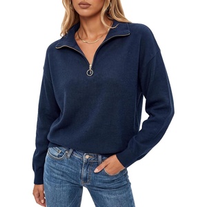 Arach&Cloz Women’s Quarter Zip Polo Collar Fall Work Casual Pullover Tops | Soft & Breathable, 100% Cotton, Dropped Shoulders, Relaxed Fit, Figure Friendly, Everyday Wear, Gym Outfits, Travel Clothes(Navy)