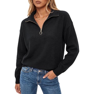 Arach&Cloz Women’s Quarter Zip Polo Collar Fall Work Casual Pullover Tops | Soft & Breathable, 100% Cotton, Dropped Shoulders, Relaxed Fit, Figure Friendly, Everyday Wear, Gym Outfits, Travel Clothes(Black)