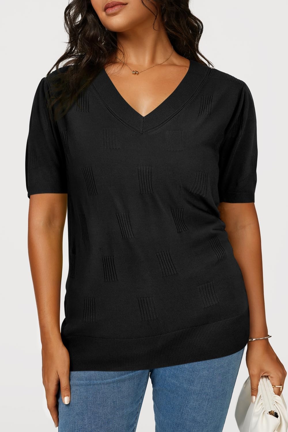 image:imageArachampCloz Womens Lightweight Summer Short Sleeve Sweater Top Shirt Blouse Soft amp Breathable Antipilling FigureFriendly V Neck Pullover Work amp Business Casual Tops Fall Spring Teacher OutiftsAzblack
