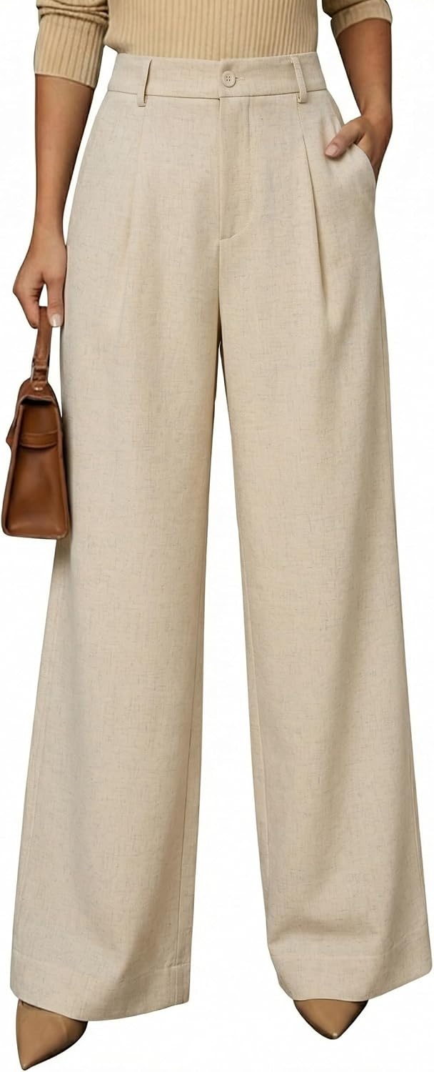image:imageArachampCloz Womens Linen Blend Wide Leg Pants Fall Business Casual Trousers Breathable linen Blend High Waisted flowy Wide Leg Palazzo Slacks Business Casual Work Teacher Outfits 2026Khaki